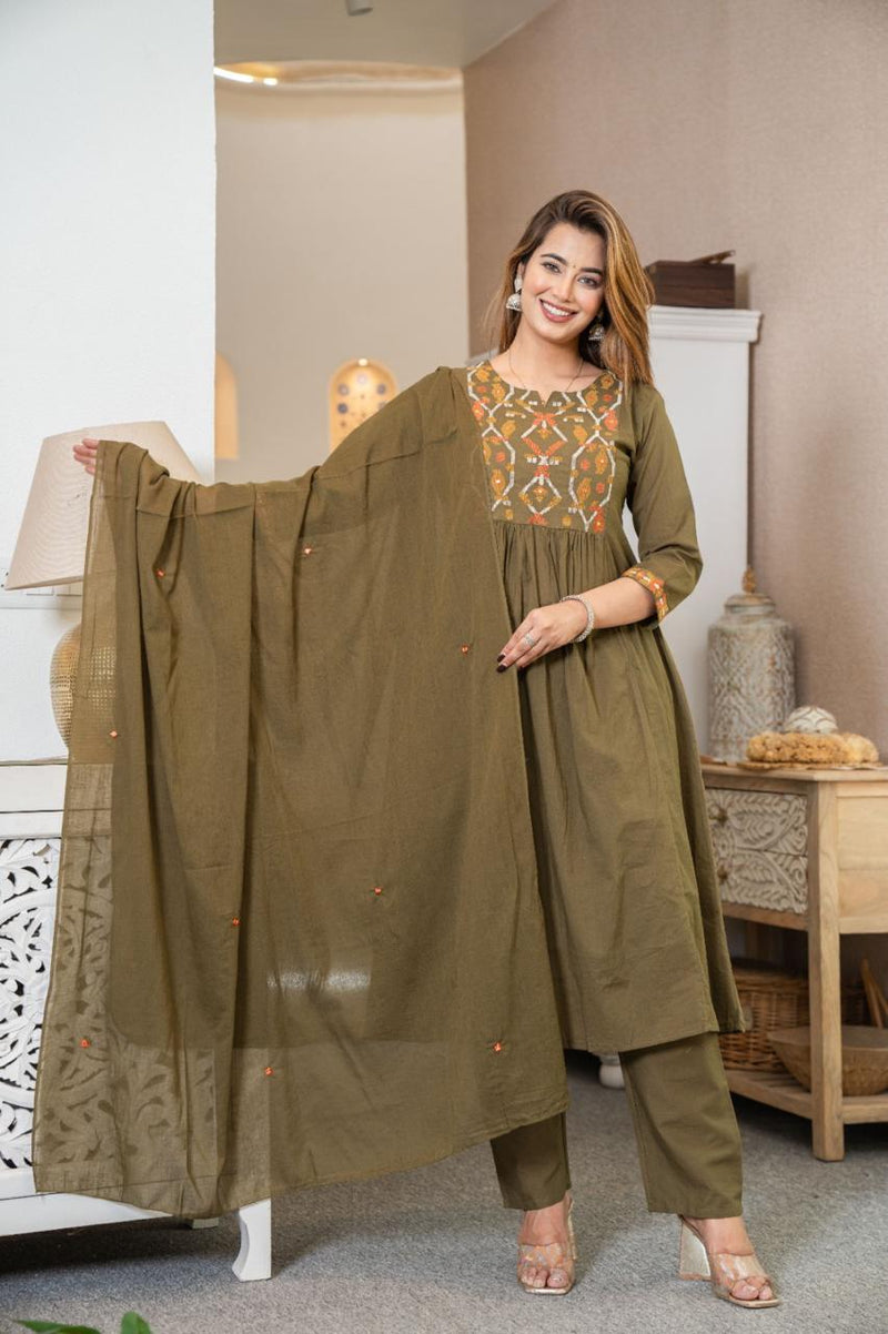Premium Cotton A-line Kurti Pant Dupatta Set