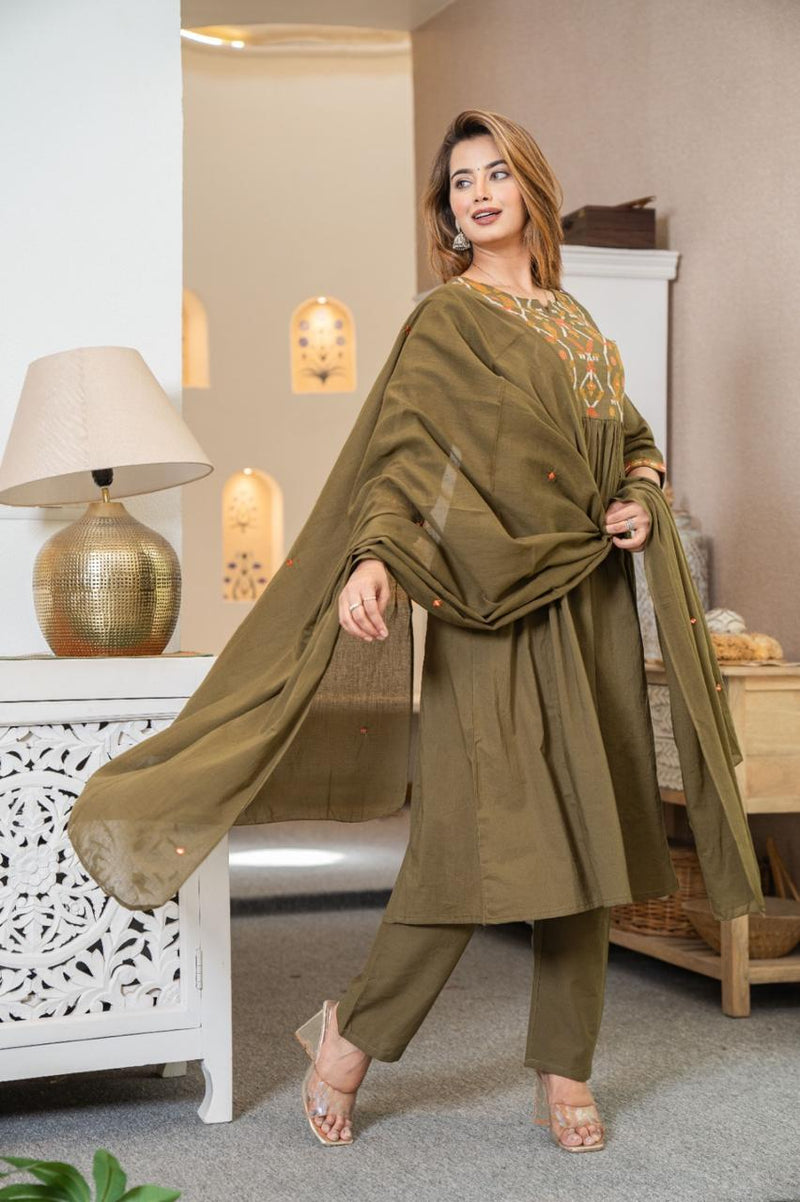 Premium Cotton A-line Kurti Pant Dupatta Set