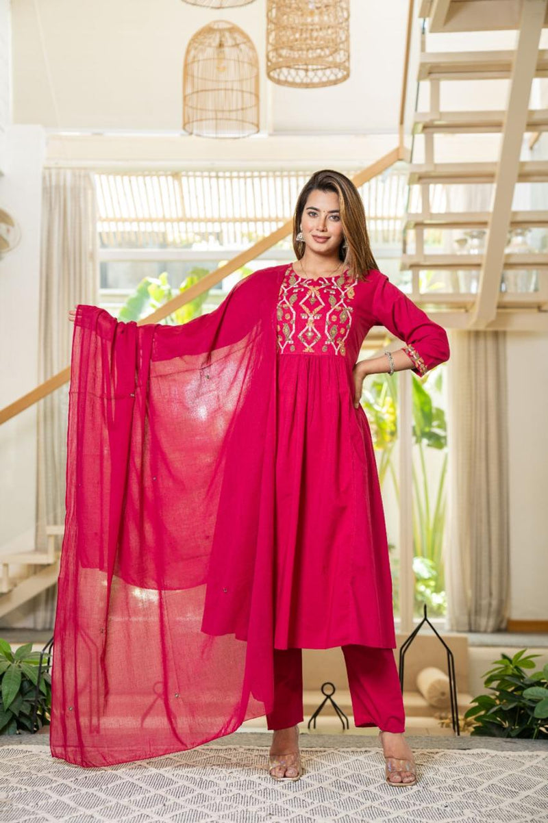 Premium Cotton A-line Kurti Pant Dupatta Set