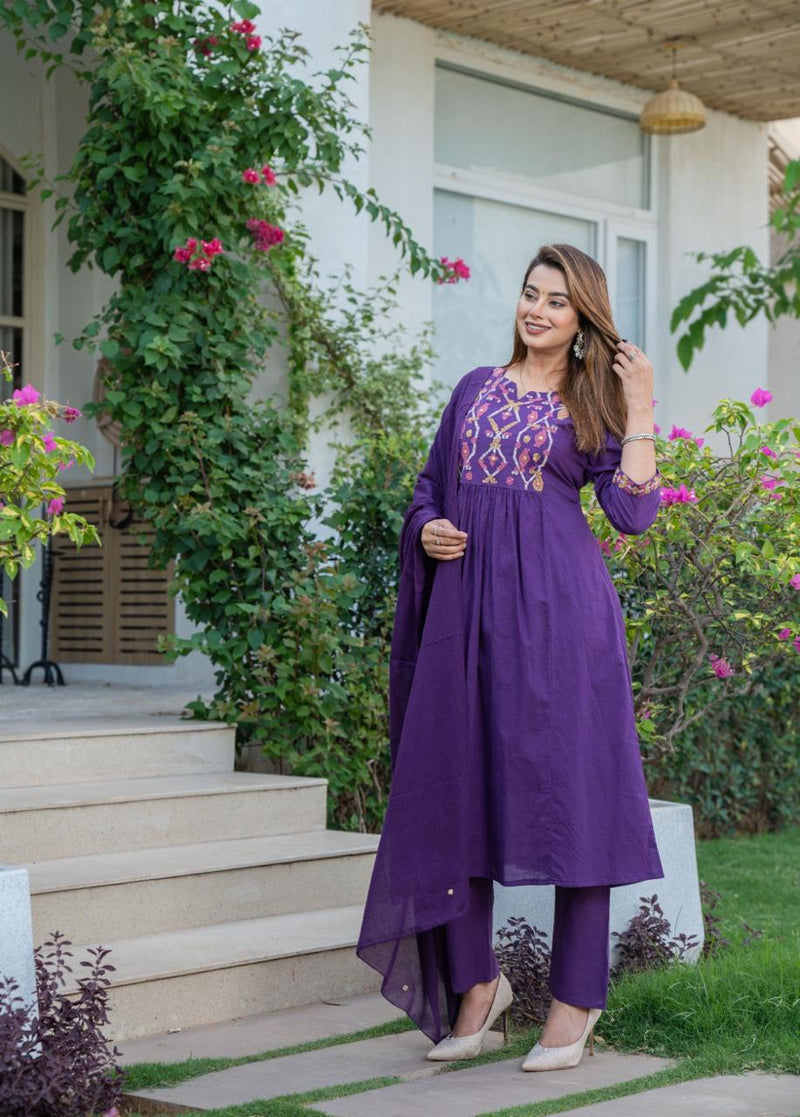 Premium Cotton A-line Kurti Pant Dupatta Set