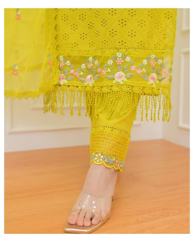 Pakistani Schiffli Cutwork Kurti Pant Dupatta Set