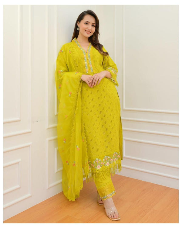 Pakistani Schiffli Cutwork Kurti Pant Dupatta Set