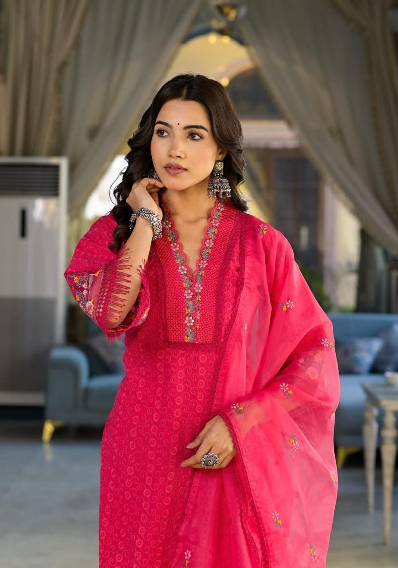 Pakistani Schiffli Cutwork Kurti Pant Dupatta Set