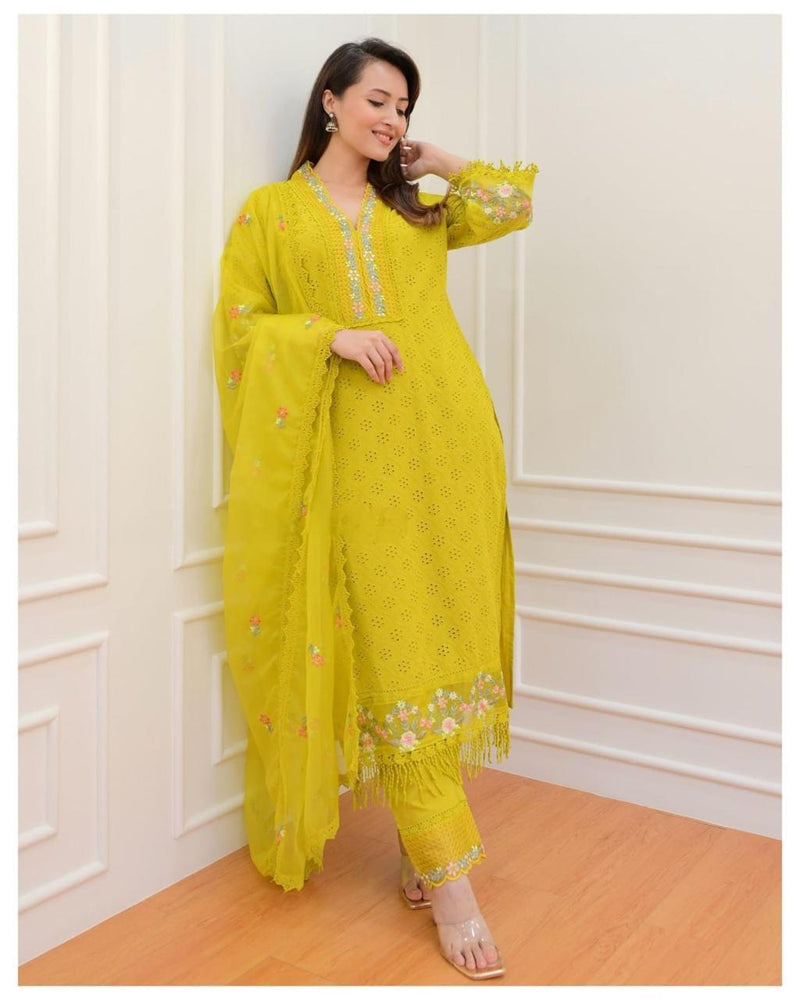 Pakistani Schiffli Cutwork Kurti Pant Dupatta Set