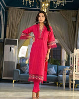 Pakistani Schiffli Cutwork Kurti Pant Dupatta Set