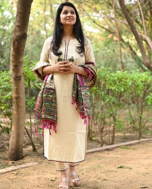 Elegant cream cotton flex kurti pant dupatta set