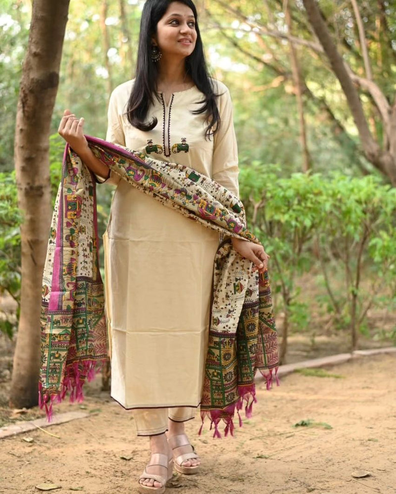 Elegant cream cotton flex kurti pant dupatta set