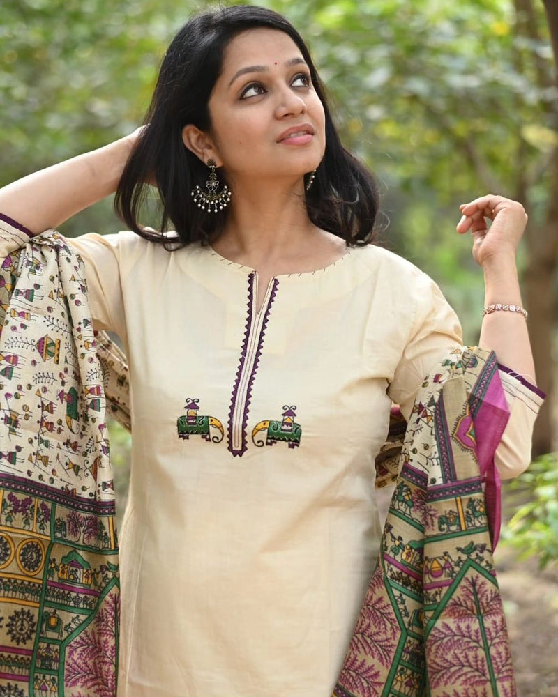 Elegant cream cotton flex kurti pant dupatta set