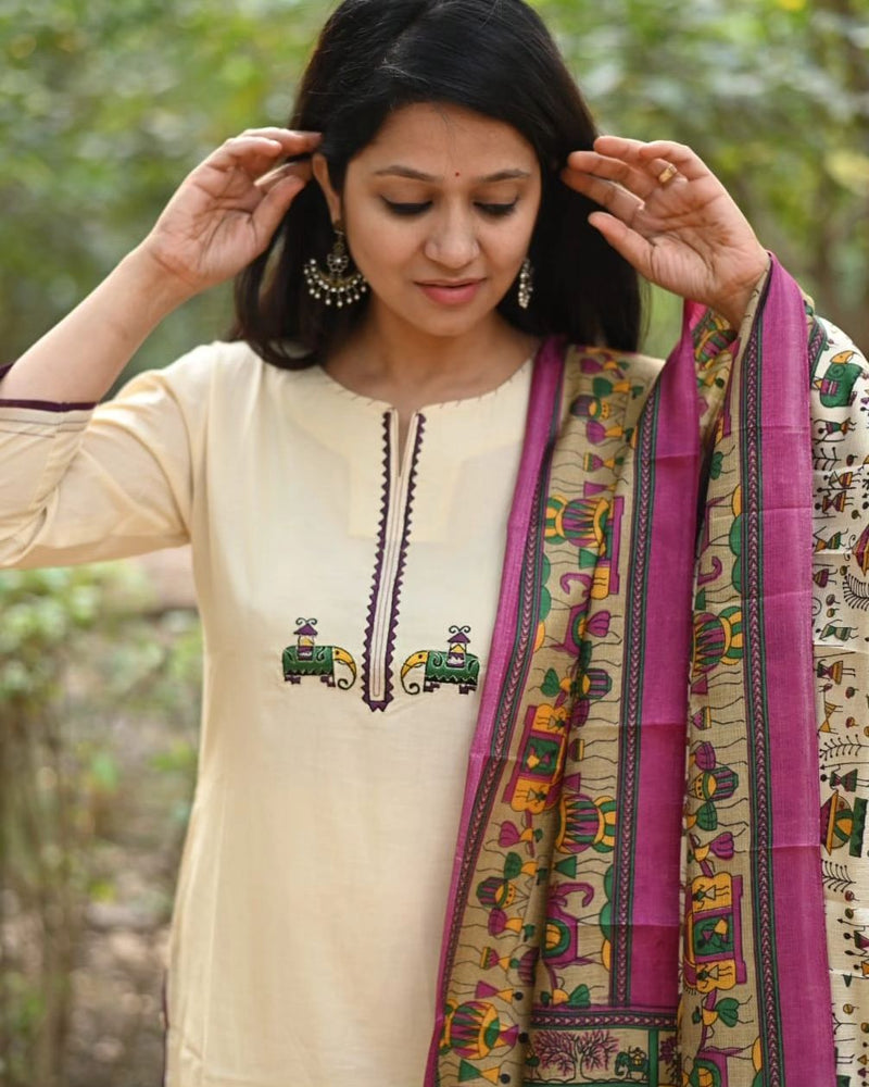 Elegant cream cotton flex kurti pant dupatta set