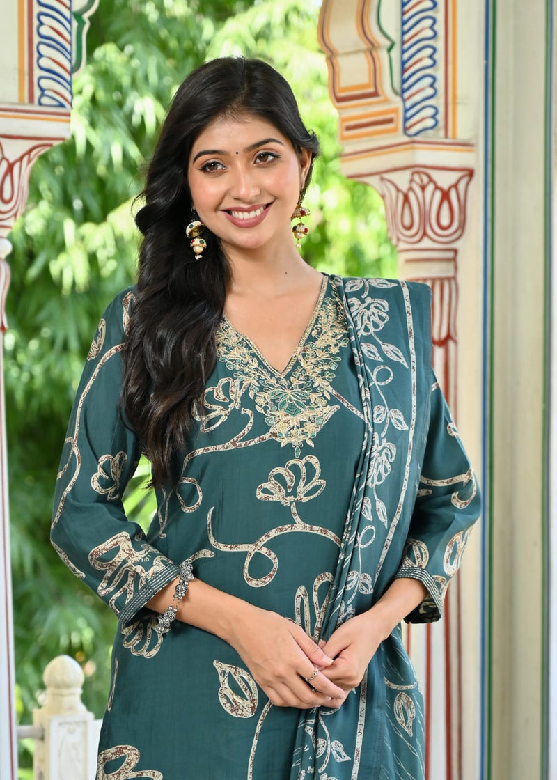 delicate butterfly motifs  Kurti Pant Dupatta Set