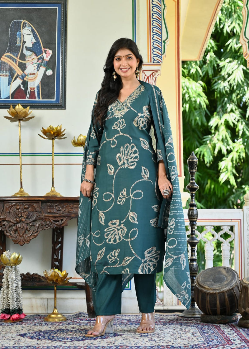delicate butterfly motifs  Kurti Pant Dupatta Set
