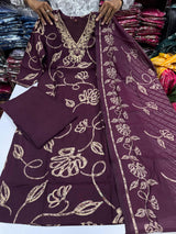 delicate butterfly motifs  Kurti Pant Dupatta Set