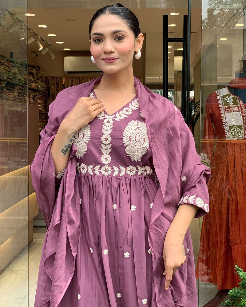 Premium Mal Cotton  intricate heavy embroidery & sequin work Anarkali Suit Set