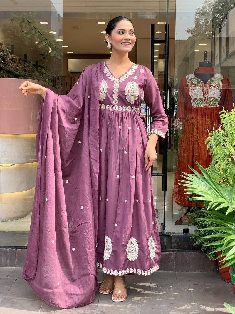 Premium Mal Cotton  intricate heavy embroidery & sequin work Anarkali Suit Set