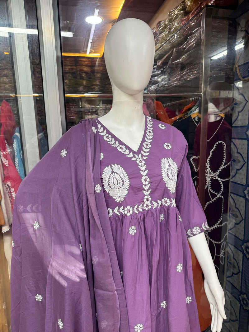 Premium Mal Cotton  intricate heavy embroidery & sequin work Anarkali Suit Set