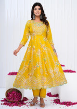 Designer  premium heavy cotton Anarkali Style Kurti Pant Dupatta Set