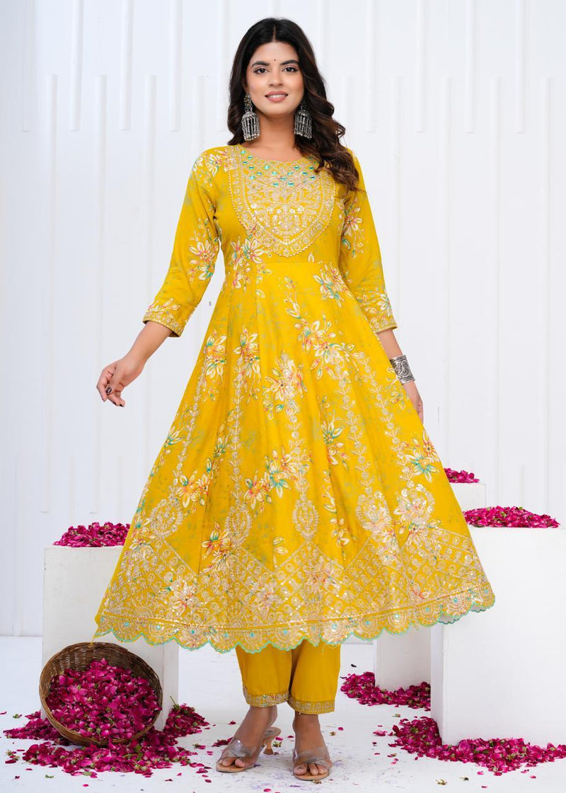 Designer  premium heavy cotton Anarkali Style Kurti Pant Dupatta Set