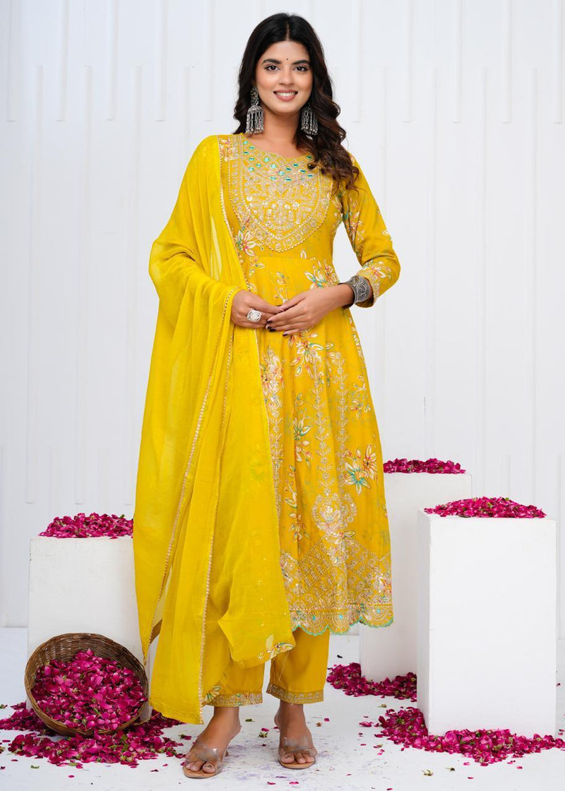 Designer  premium heavy cotton Anarkali Style Kurti Pant Dupatta Set