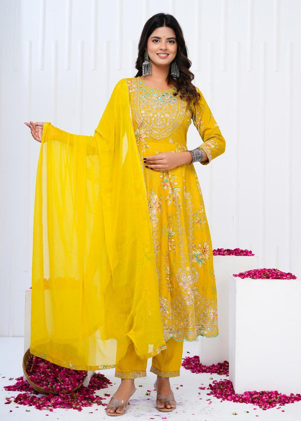 Designer  premium heavy cotton Anarkali Style Kurti Pant Dupatta Set