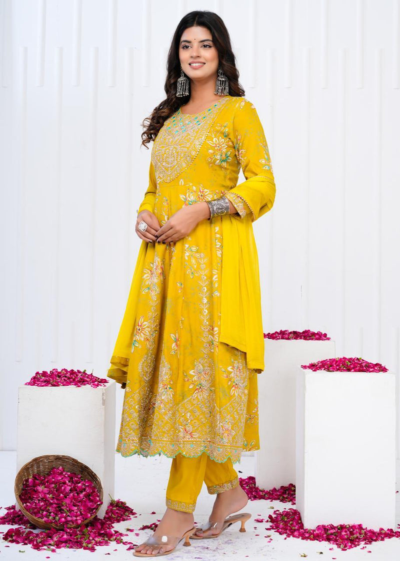 Designer  premium heavy cotton Anarkali Style Kurti Pant Dupatta Set