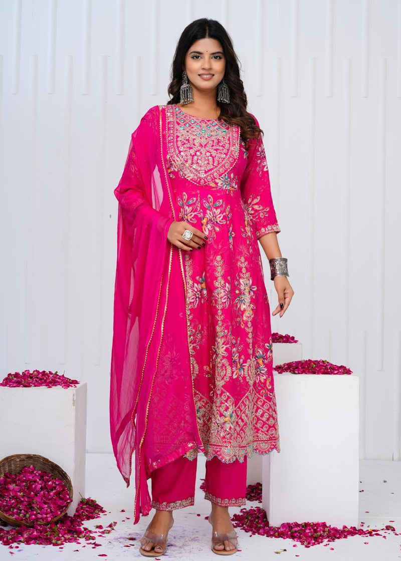 Designer  premium heavy cotton Anarkali Style Kurti Pant Dupatta Set