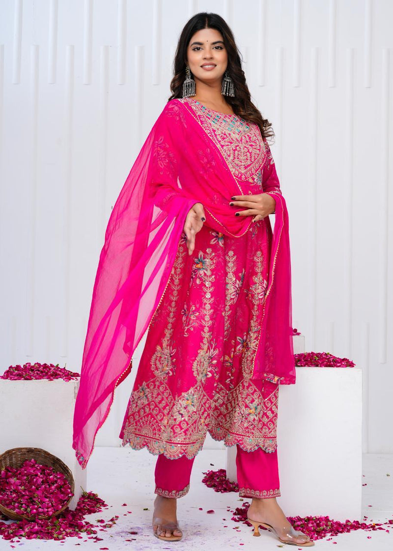 Designer  premium heavy cotton Anarkali Style Kurti Pant Dupatta Set