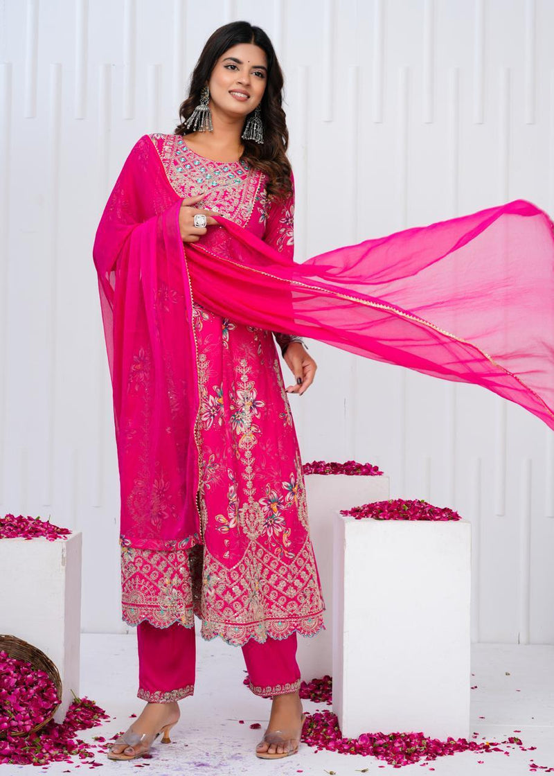 Designer  premium heavy cotton Anarkali Style Kurti Pant Dupatta Set