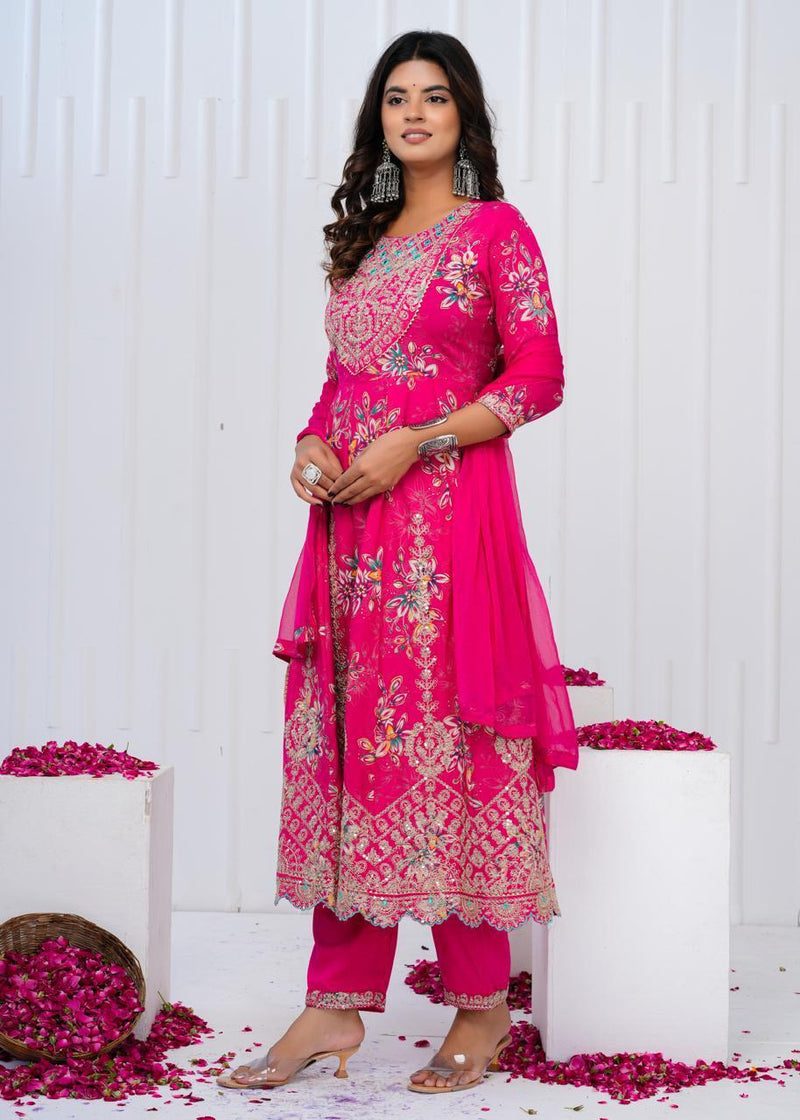 Designer  premium heavy cotton Anarkali Style Kurti Pant Dupatta Set