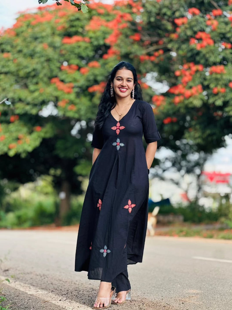 COTTON KURTI PANT SET with red & blue floral embroidery