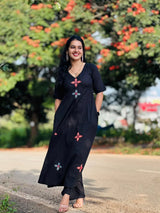 COTTON KURTI PANT SET with red & blue floral embroidery