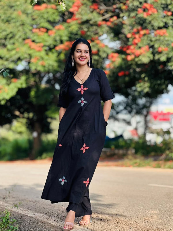 COTTON KURTI PANT SET with red & blue floral embroidery