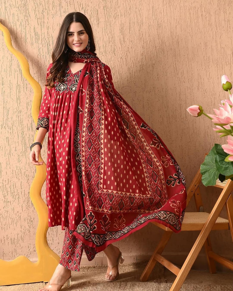 A-line Cotton  elegant red floral suit set