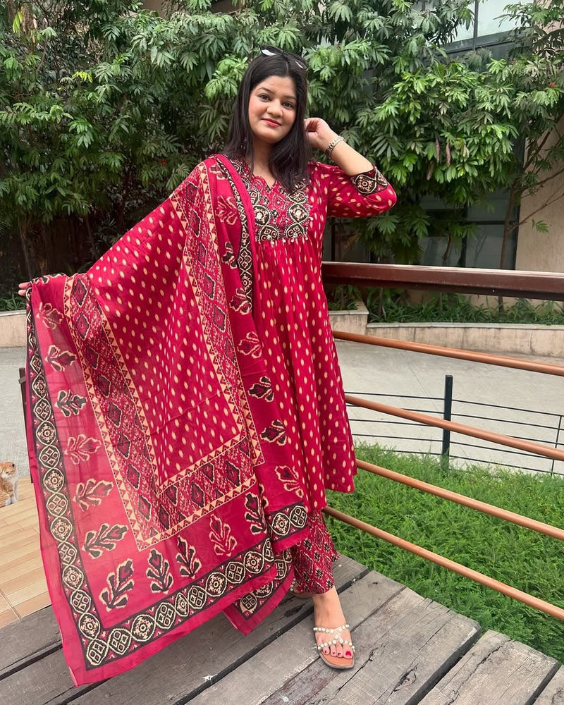A-line Cotton  elegant red floral suit set