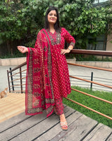 A-line Cotton  elegant red floral suit set