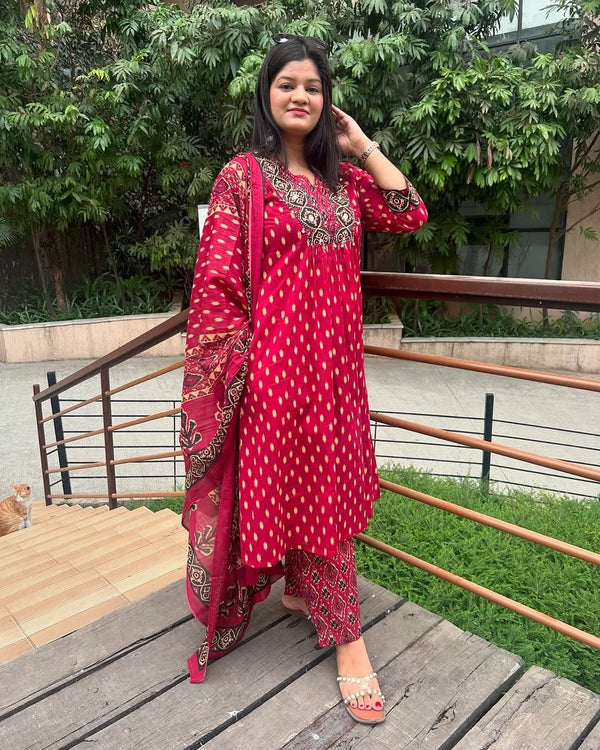 A-line Cotton  elegant red floral suit set
