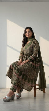 Printed Cotton  flared Anarkali suit