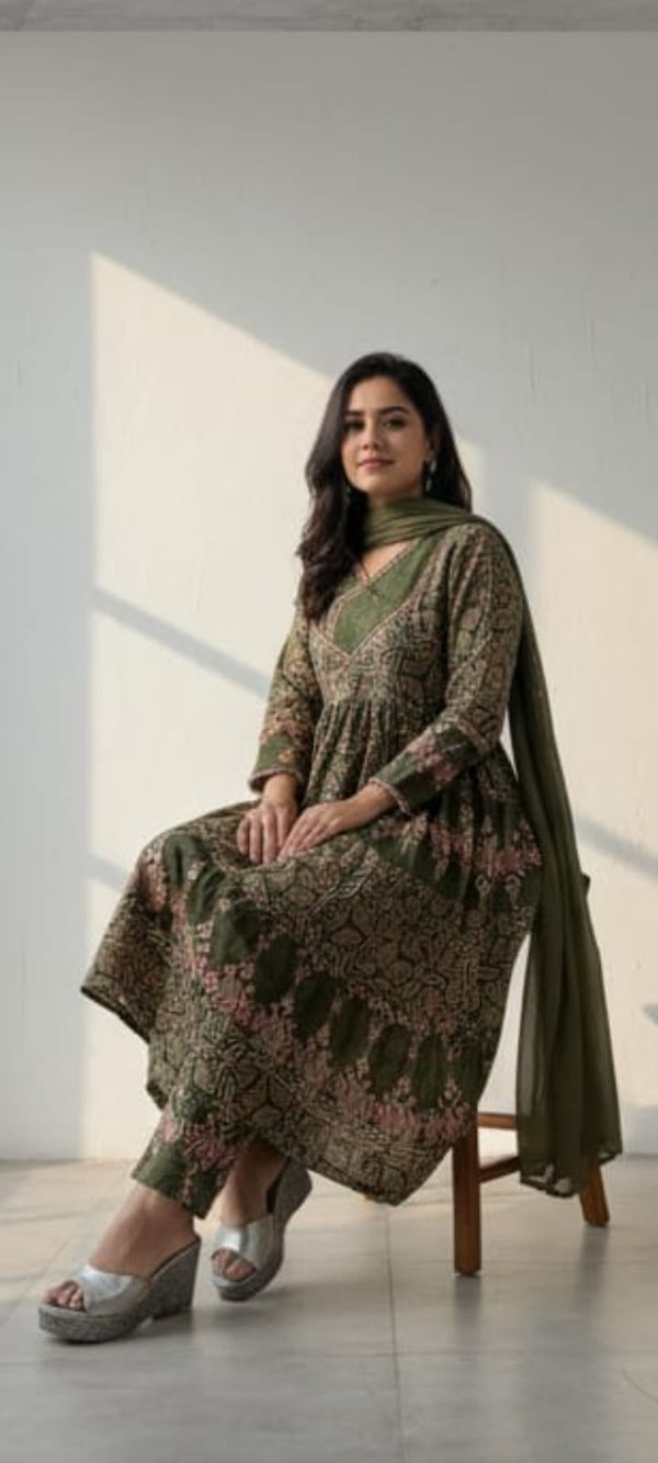Printed Cotton  flared Anarkali suit