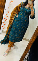 Designer Rich Azrak Cotton Kurti Pant Dupatta Set