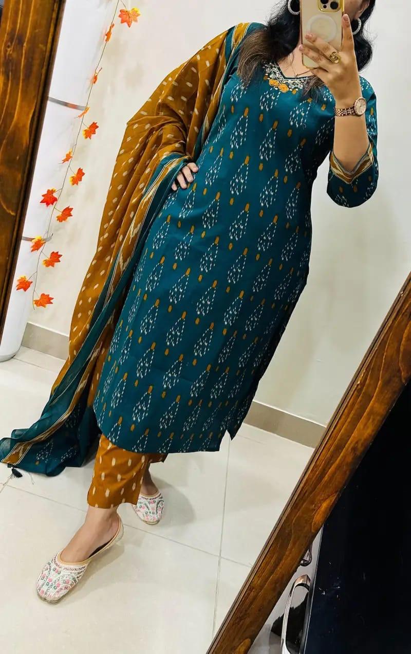 Designer Rich Azrak Cotton Kurti Pant Dupatta Set