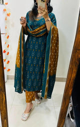 Designer Rich Azrak Cotton Kurti Pant Dupatta Set