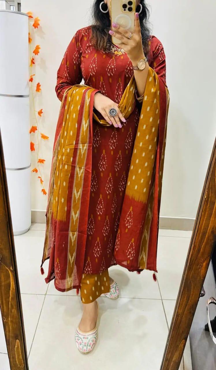 Designer Rich Azrak Cotton Kurti Pant Dupatta Set