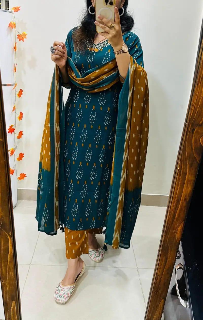 Designer Rich Azrak Cotton Kurti Pant Dupatta Set
