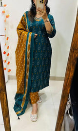 Designer Rich Azrak Cotton Kurti Pant Dupatta Set