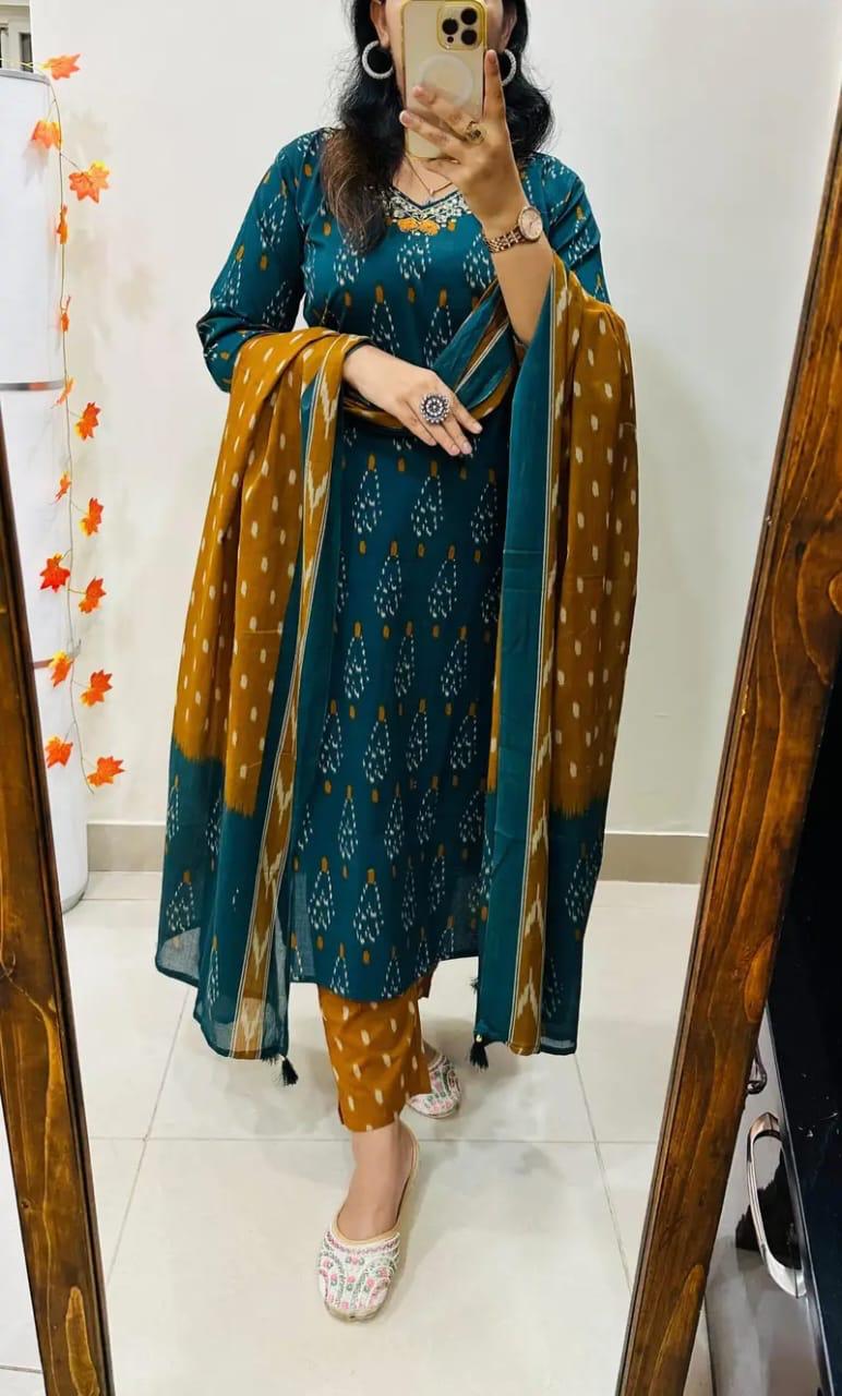 Designer Rich Azrak Cotton Kurti Pant Dupatta Set