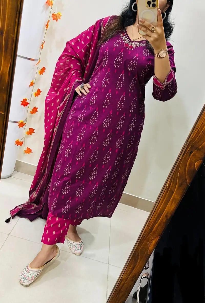 Designer Rich Azrak Cotton Kurti Pant Dupatta Set