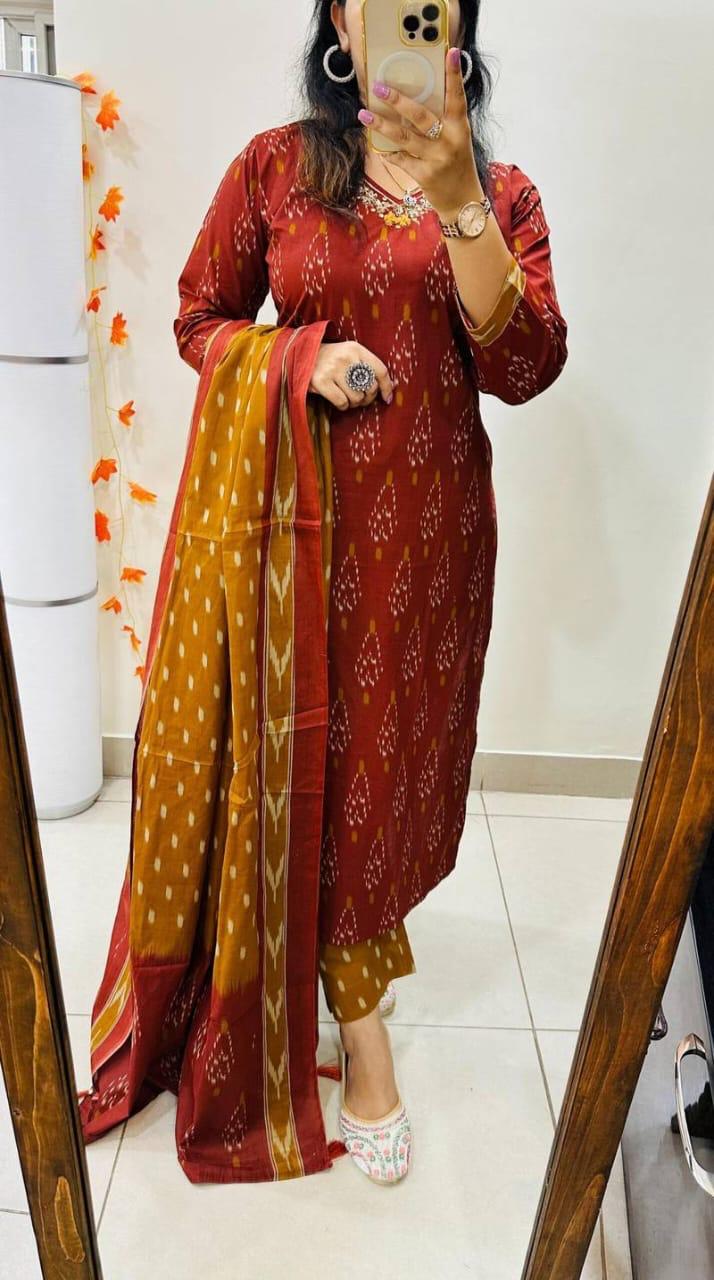 Designer Rich Azrak Cotton Kurti Pant Dupatta Set