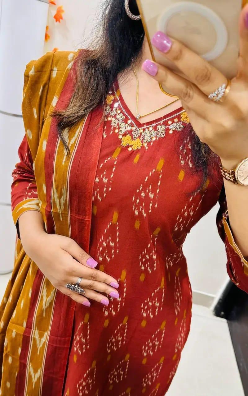 Designer Rich Azrak Cotton Kurti Pant Dupatta Set