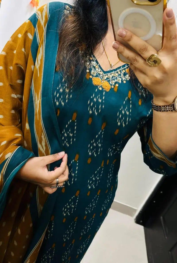 Designer Rich Azrak Cotton Kurti Pant Dupatta Set