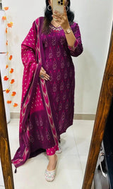 Designer Rich Azrak Cotton Kurti Pant Dupatta Set