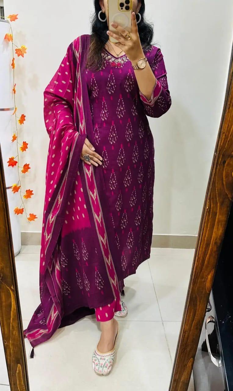 Designer Rich Azrak Cotton Kurti Pant Dupatta Set